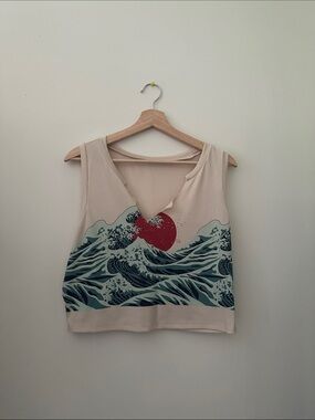 Cream Graphic Wave Print Tank Top with Red Sun